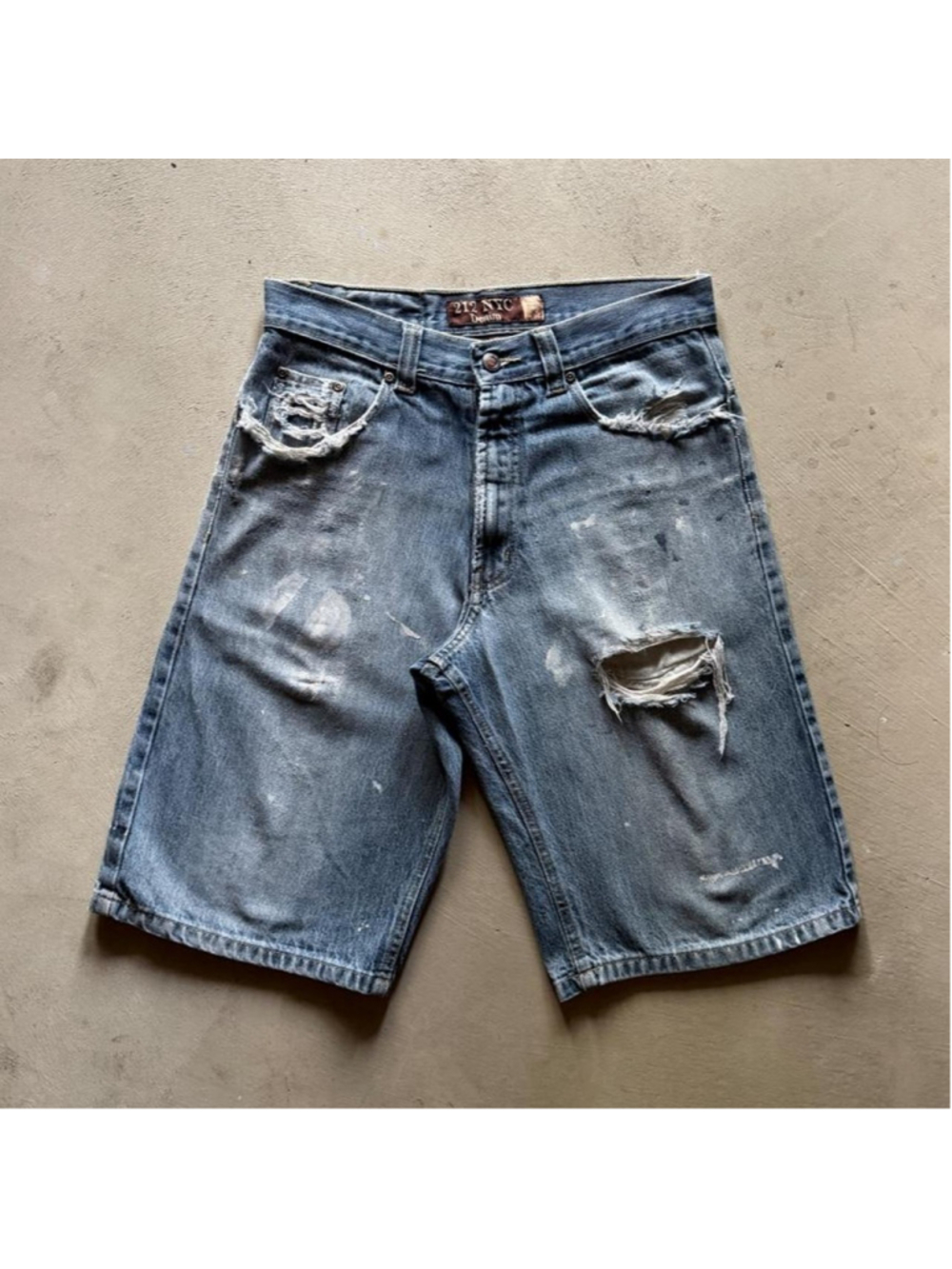 vintage y2k 2000s thrashed paint splatter light wash denim baggy jorts